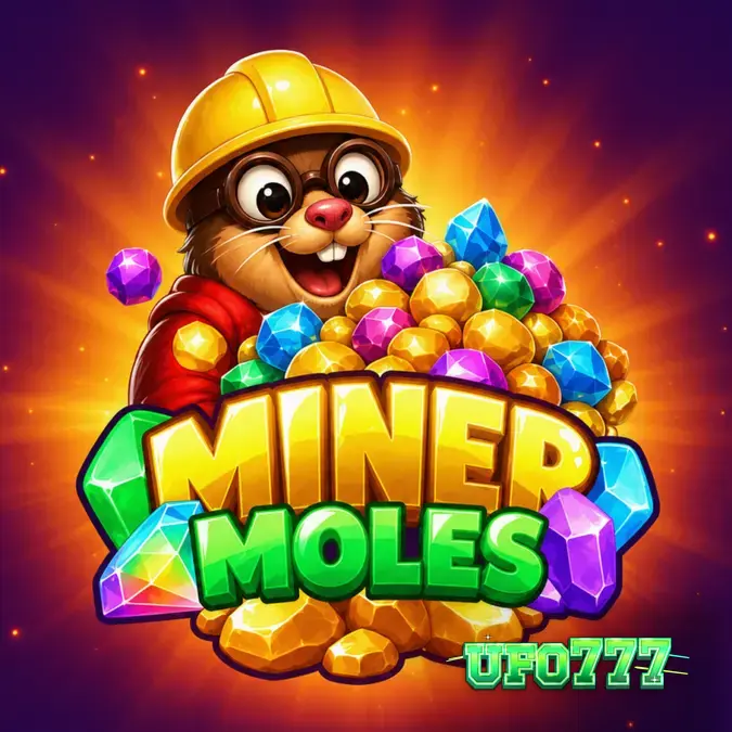 Tampilan visual slot Miner Moles dengan grid 6x6 dan tema pertambangan kartun.